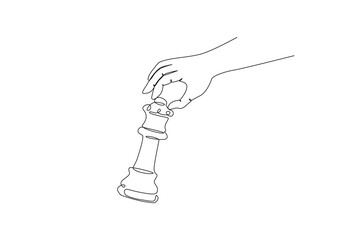 Hand holding chess queen in continuous one line drawing. Single line art illustration of hand holds chess piece.