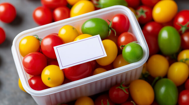 Mixed cherry tomatoes in red, yellow, and green colors packed in a plastic container with a blank label, surrounded by scattered tomatoes.