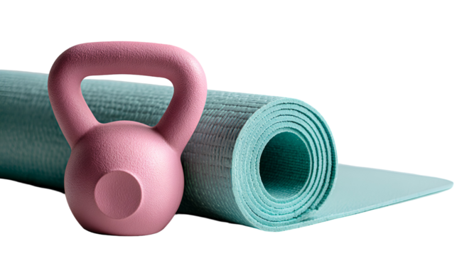 Pink kettlebell and rolled yoga mat isolated on transparent background - Powered by Adobe