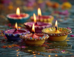 Lit clay lamps on a reflective surface, surrounded by flower petals, casting a warm glow