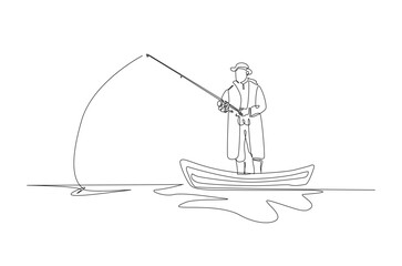 Fisherman fishing in the boat in continuous one line drawing. Single line art illustration of fisherman.