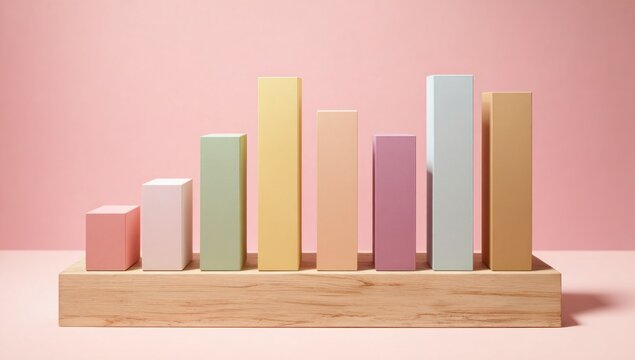 Pastel bar graph. A series of rectangular prisms, in varying pastel colors, stand on a shallow wooden base, resembling a bar chart. The background is a uniform, soft pink. Soft lighting adds depth