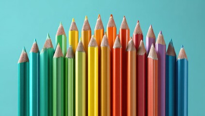 Vividly colored pencils are arranged in a vibrant rainbow-like spectrum against a bright teal background, pointed upwards, showcasing a gradient from greens to reds