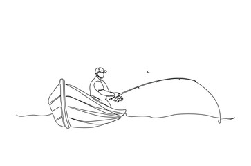 Fisherman fishing in the boat in continuous one line drawing. Single line art illustration of fisherman.