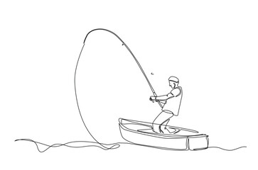 Fisherman fishing in the boat in continuous one line drawing. Single line art illustration of fisherman.