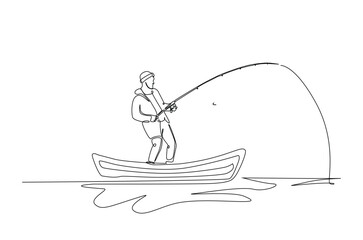 Fisherman fishing in the boat in continuous one line drawing. Single line art illustration of fisherman.