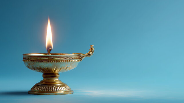 Lit Candle in a Golden Lamp: A close-up shot of a delicate golden lamp, illuminated by a single, bright flame, against a soft gradient background, evokes feelings of peace and spirituality. - Powered by Adobe