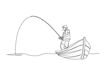 Fisherman fishing in the boat in continuous one line drawing. Single line art illustration of fisherman.