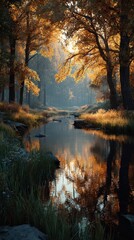 Obraz premium Beautiful autumn afternoon in a serene forest with a reflective stream and golden foliage