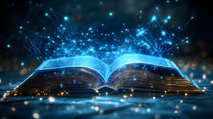 Abstract Vector of Artificial Intelligence Writing an eBook – Polygon Design of Connected Dots and Lines on a Futuristic Blue Gradient