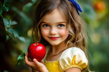 Joyful Girl Holding Bright Red Apple Surrounded by Lush Greenery