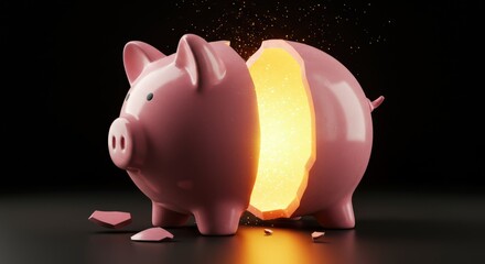 Broken Piggy Bank with Glowing Interior Financial Crisis.