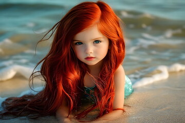 Enchanting Red-Haired Girl Mesmerizing Ocean Waves Beach Playful Nature