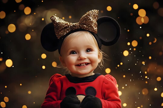 Happy Child Mickey Ears Sparkling Gold Bokeh Joyful Smiling Playful Cute Innocent Cheerful