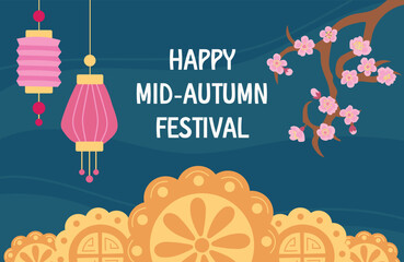 Mid-Autumn Festival Illustration with Lanterns and Mooncakes