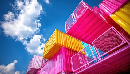 Stacked, brightly painted shipping containers form an abstract building against a vibrant blue sky with fluffy white clouds. The containers are pink, yellow and light blue