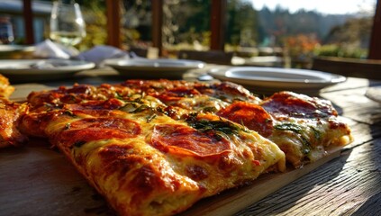 Pepperoni pizza on a wooden board outdoors with a glass of white wine and greenery visible in the background, illuminated by warm sunlight