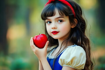 Charming Girl Holding Shiny Red Apple Enchanted Forest Scene Fairytale
