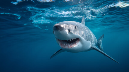 Fototapeta premium Great white shark swimming close to the surface with its mouth open in clear blue ocean water. 