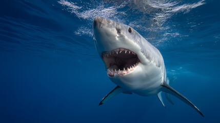 Fototapeta premium Great white shark swimming close to the surface with its mouth open in clear blue ocean water. 