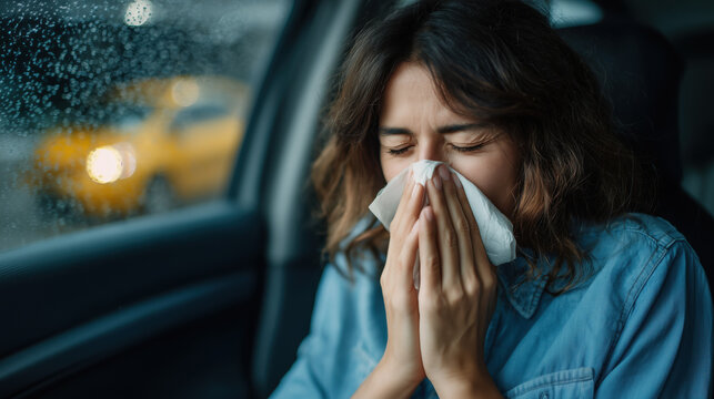 Woman sneezes into tissue while sitting in car on rainy day, expressing discomfort
