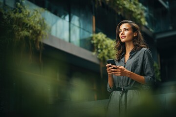 European business woman manager using cell phone mobile app standing outdoors at office. Latin Hispanic young female businesswoman freelancer working on smartphone, looking aside dreaming. Copy space