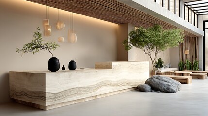 Bright luxury spa reception with textured natural stone walls, decorative green plants, and a spacious blank wall behind the counter for creative branding or promotional content in wellness environmen