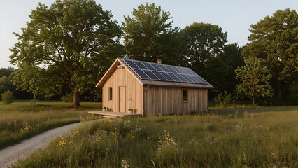 Obraz premium Wooden Cabin with Solar Panels in a Wildflower Field
