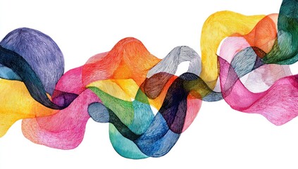 Colorful watercolor ribbons intertwine and overlap against a clean white background, creating a flowing, abstract design. Varied hues blend, suggesting movement and fluidity