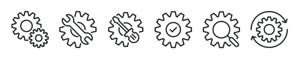 Gear thin line icon set. Cogwheel, setting, mechanism minimal editable stroke icons