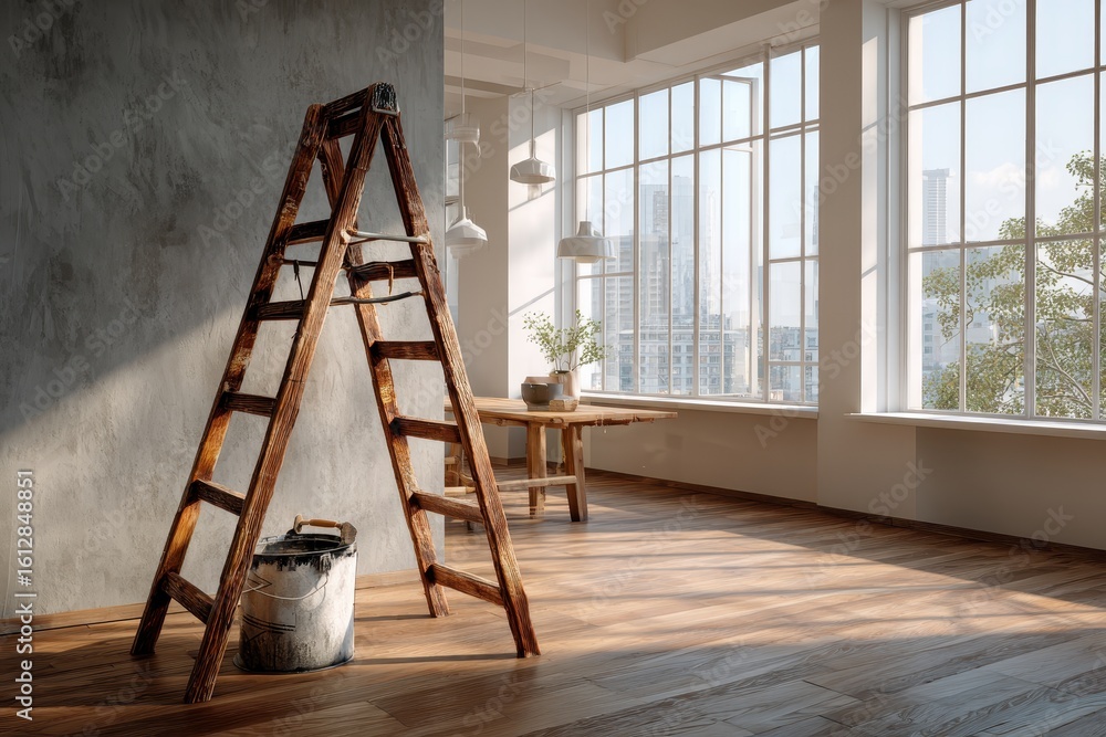 Poster ladder construction equipment positioned in an empty room with large windows and natural light highl