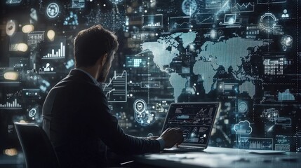 Businessperson interacting with a holographic display of global data.