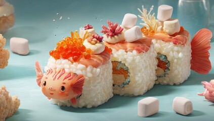 Playful sushi Three rice rolls adorned with salmon, roe, & marshmallows mimic fish. One has a smiling cartoon fish face & tail. Marshmallows scatter on the light teal background
