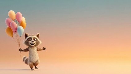 Animated raccoon joyfully holds a bunch of pastel balloons against a soft gradient background, suggesting happiness and celebration