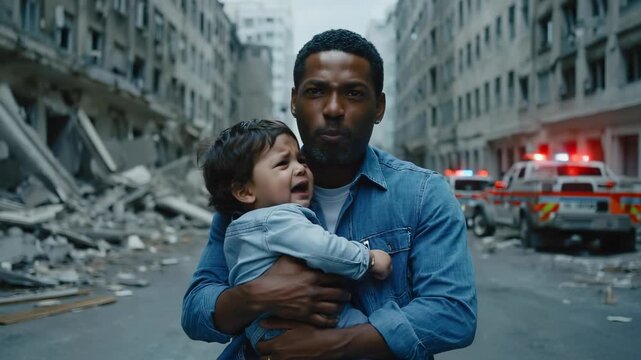 A worried man clutches a scared toddler in his arms, searching desperately amidst the chaos of collapsed buildings and blaring sirens