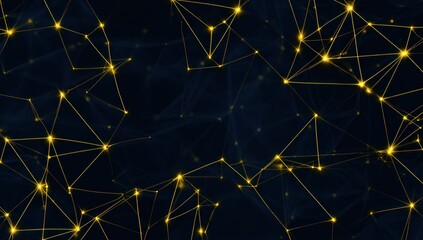 Glowing network of golden lines connecting dots against a dark backdrop, creating an abstract technological pattern resembling constellations