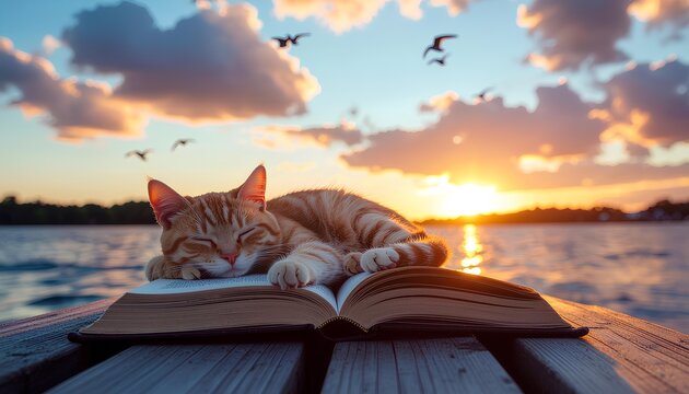 Orange Cat Sleeping on Open Book at Sunset by the Water, Funny Cat