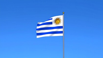 Uruguayan flag waving against a clear blue sky