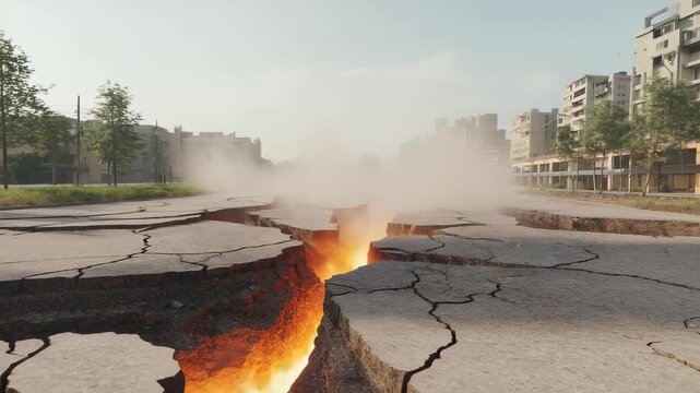 Shaking pebbles and cracked ground show the aftermath of an earthquake in an urban plaza. Dust fills the air from broken pavement as the area settles after the seismic event