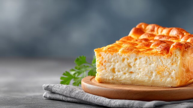 A delicious slice of golden-brown cheese quiche sits on a rustic wooden board garnished with fresh parsley against a moody blue background perfect for food blogs and culinary - Powered by Adobe