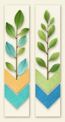 Botanical illustration. Two vertical panels feature leafy sprigs above geometric chevron patterns in varied hues against a textured beige backdrop