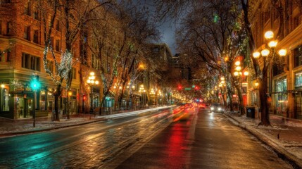 Obraz premium A vibrant downtown street glows softly during evening hours as snow blankets the ground. Lights adorn buildings and trees, creating a festive atmosphere as cars pass by.