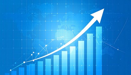 Upward trending bar graph on a world map background