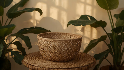Woven Basket on Table Surrounded by Potted Plants with Sunlight and Shadows in Room