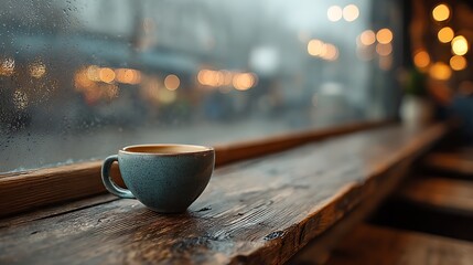 Warm cozy coffee shop setting with single coffee cup on window seat, foggy glass background, and wide left-side space ready for overlaying motivational quotes or branding content.