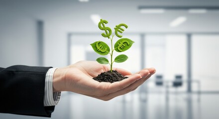Hand Holding Money Plant with Dollar and Euro Symbols.