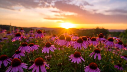 Vibrant sunset illuminates a field of purple coneflowers