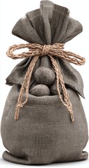 Burlap sack overflowing with round objects, tied at the top with a rough twine. Natural light casts soft shadows on the coarse fabric, highlighting its texture