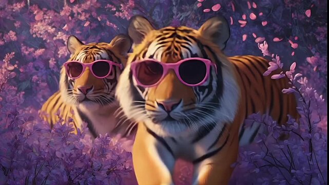 A pair of tigers wear pink sunglasses