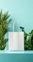 White tote bag on turquoise platform, surrounded by tropical green plants